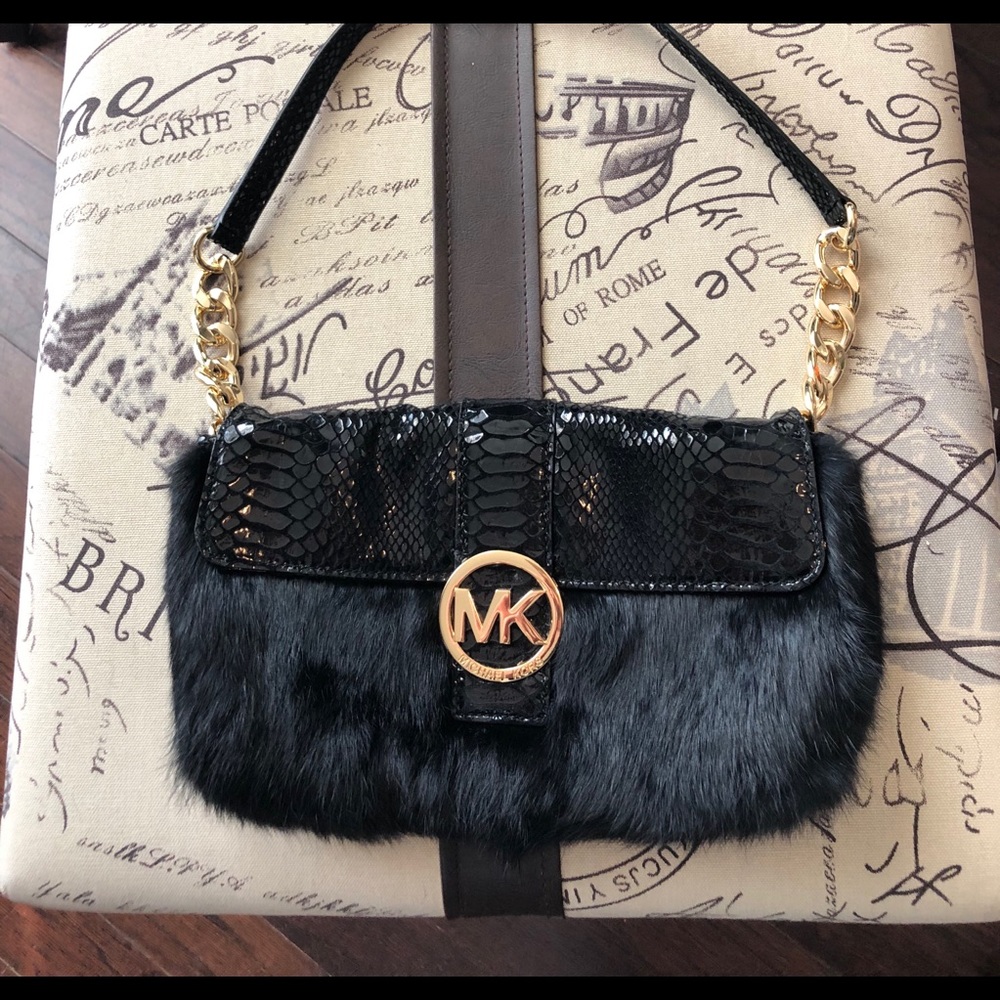 Micheal Kors Black Rabbit Fur Trimmed Bag